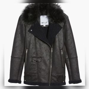 NVLT Suede Sherpa Fur Lined Aviator Moto Jacket XS